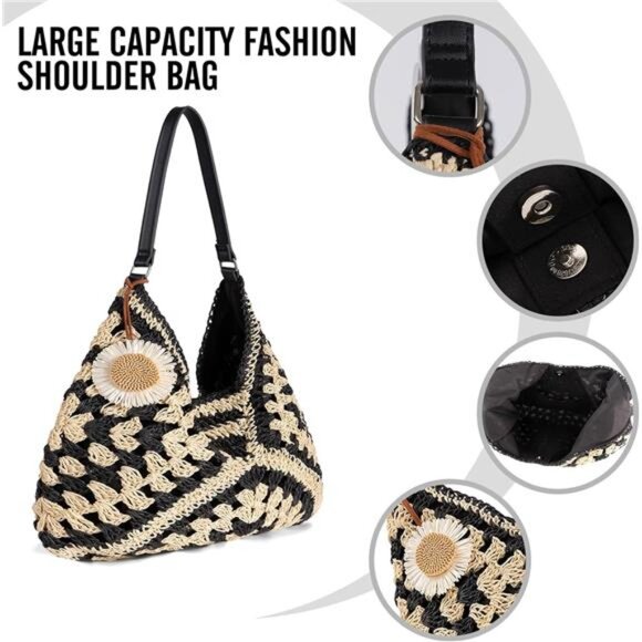 Women's Straw Beach Bag Summer Vintage Hobo Shoulder Tote Boho Hand Bag - Picture 2 of 6